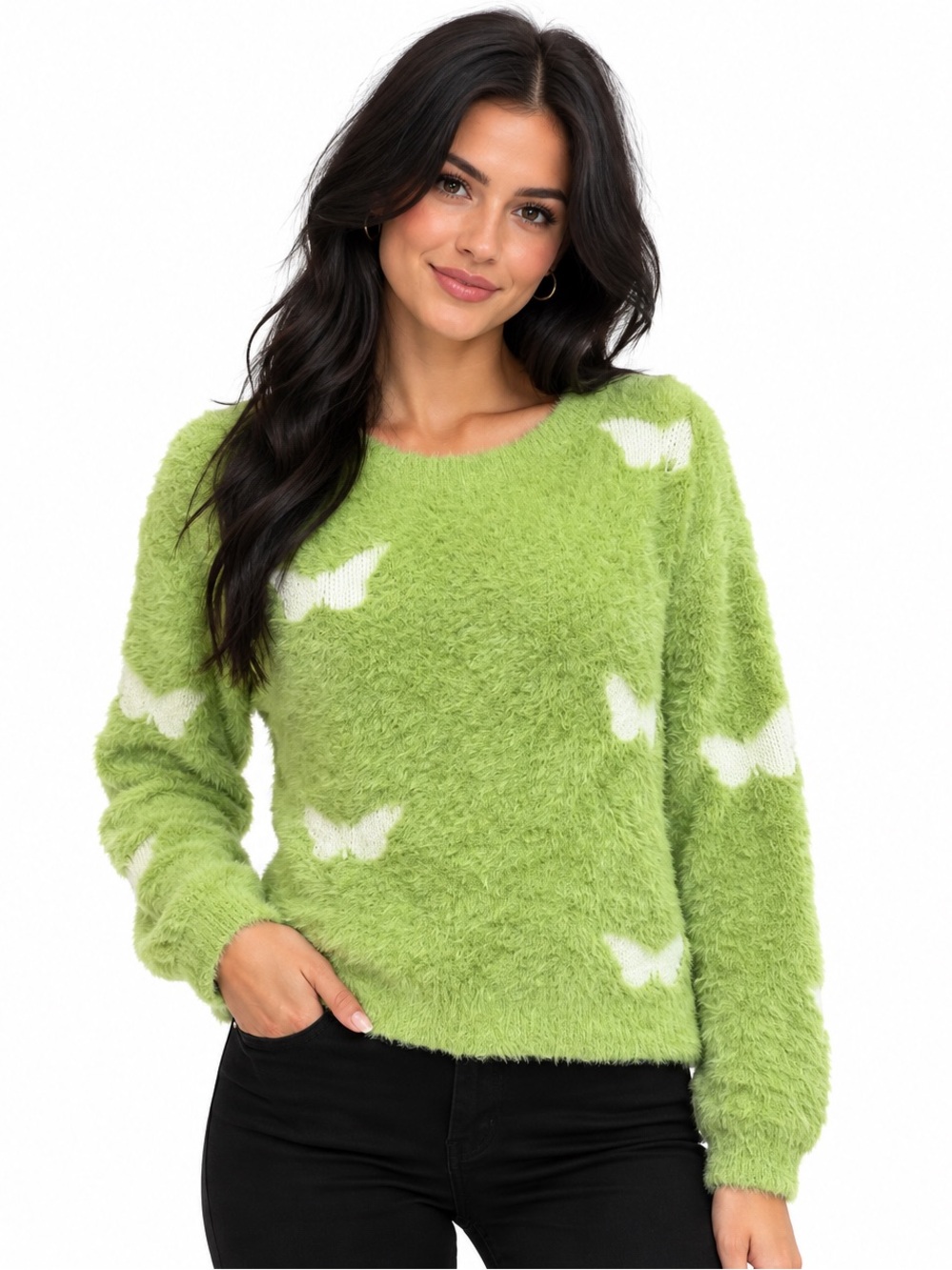 Women’s Fuzzy Lime Crewneck Sweater with Butterfly Accents Medium